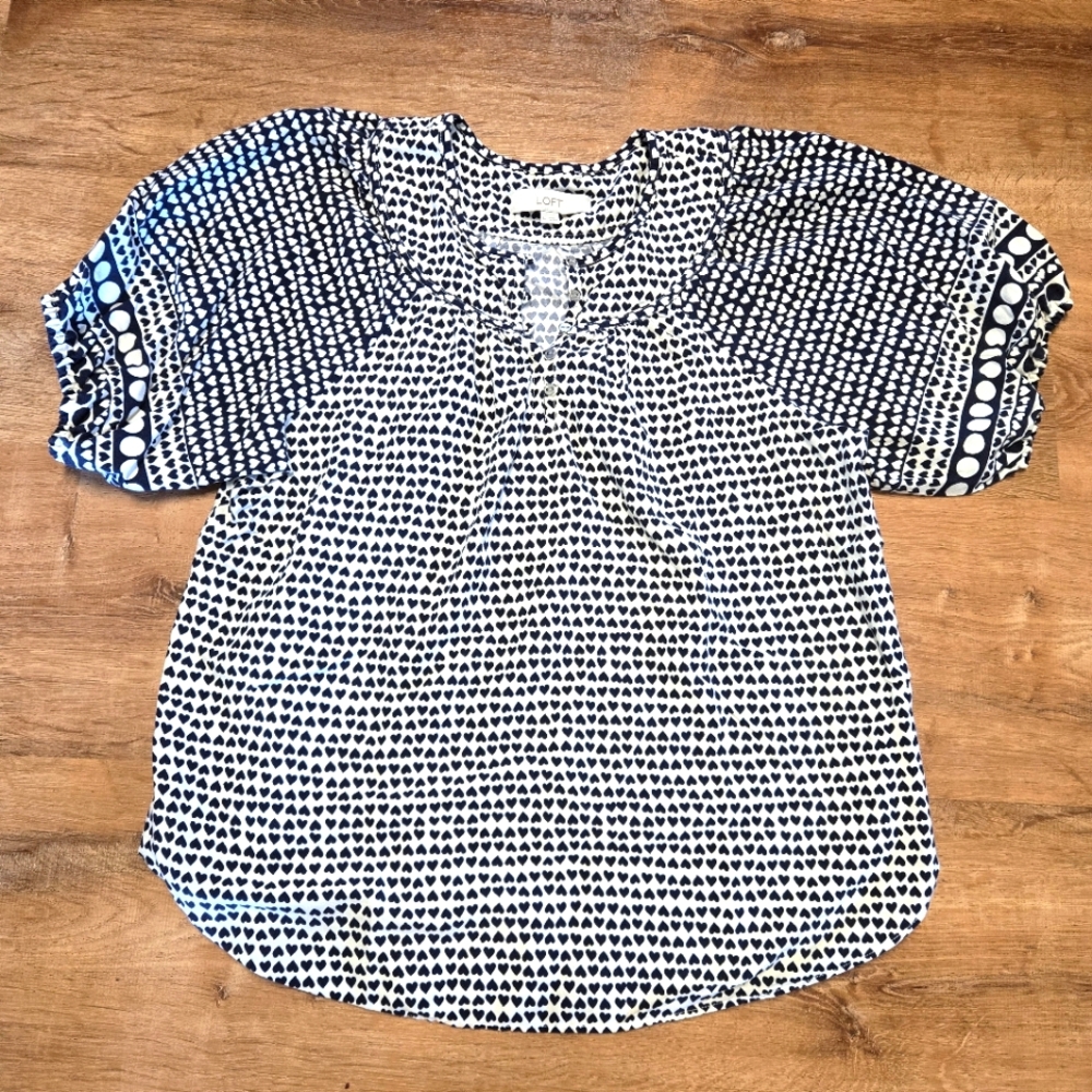 LOFT Black and White Hearts Blouse Medium